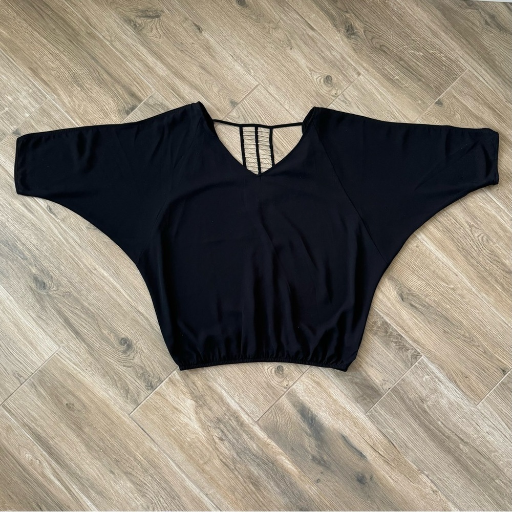 XOXO Sz L Black Sheer Polyester Dolman Cold Shoulder Sleeve Stunning Back Detail